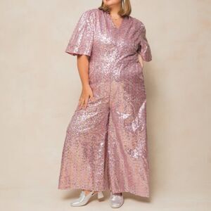 Ivy City Co Bejeweled Pink Sequin Jumpsuit Size 3X Wide Leg Party Holiday Romper